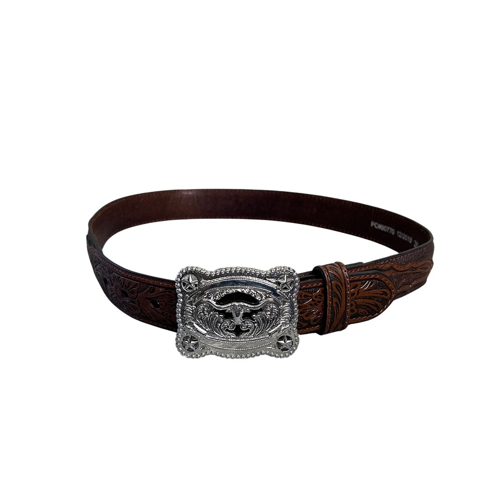 Nocona Western Belt Brown Leather Tooled Silvertone Longhorn Bull Buckle Size 28